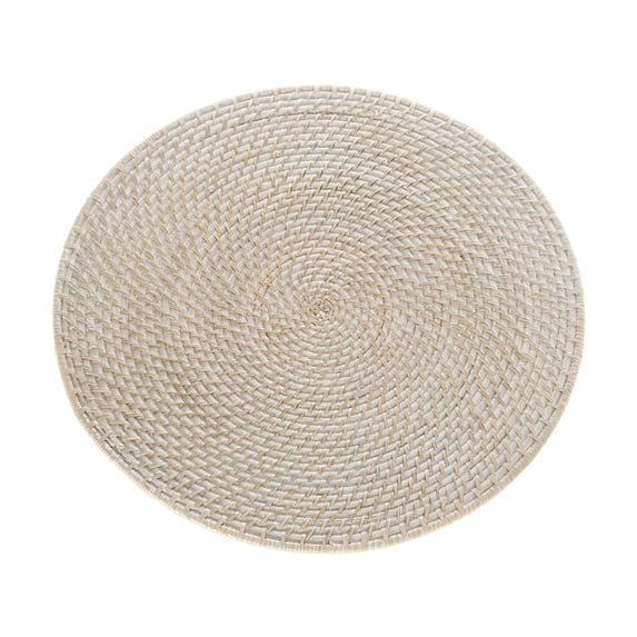 Kouboo Laguna Round Rattan Placemats For Dining Table, Heat Resistant Non-Slip Weave, Rattan Table Mat, White Wash