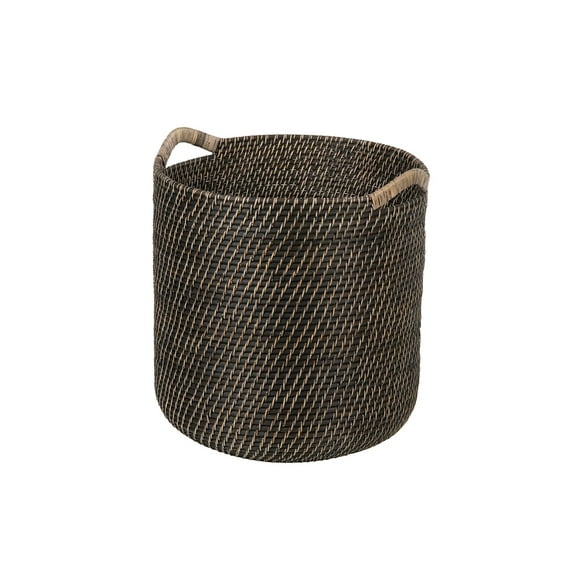 Kouboo Laguna Round Rattan with Ear Handles Basket for Organizing, Living Room, Blankets, Toy Bin, Laundry and Plants, Black Wash