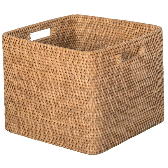 Kouboo Loma Decorative Square Rattan Storage Basket with Handles, Coastal Inspired Handwoven Rattan Basket for Home Organization & Décor, Honey Brown