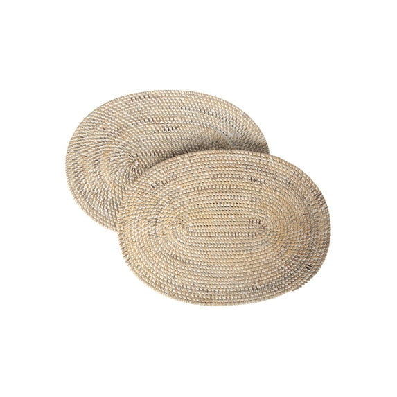 Kouboo Loma Oval Rattan Placemat, Set of 2 Pieces, Oval Round Table Mats, Non Slip Heat Resistant Place Mat, Multipurpose Placemat, White Wash