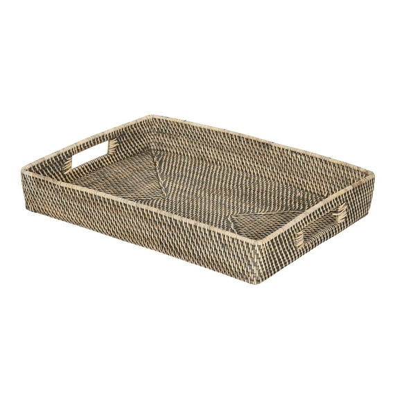 Kouboo Loma Rectangular Rattan Serving Tray With Handles, Decorative, Platters For Coffee, Breakfast, Tray For Bread, Fruits, Kitchen Counter, Black Wash