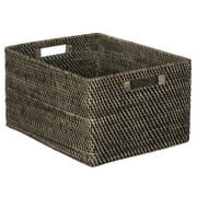 Kouboo Loma Rectangular Rattan Storage Basket with Handles, Handwoven Coastal-Inspired Design, Black Antique