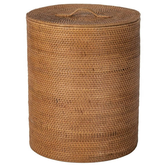 Kouboo Loma Round Rattan Hamper And Laundry Basket With Removable Liner, Handmade Wicker Laundry Basket With Lid, Honey Brown