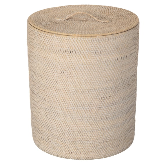 Kouboo Loma Round Rattan Hamper And Laundry Basket With Removable Liner, Handmade Wicker Laundry Basket With Lid, Latte
