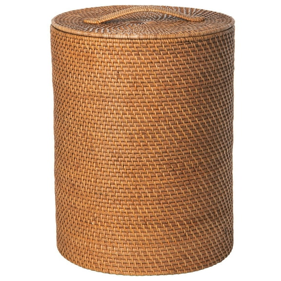 Kouboo Loma Round Rattan Hamper, Handmade Wicker Laundry Basket with Lid & Removable Liner, Honey Brown