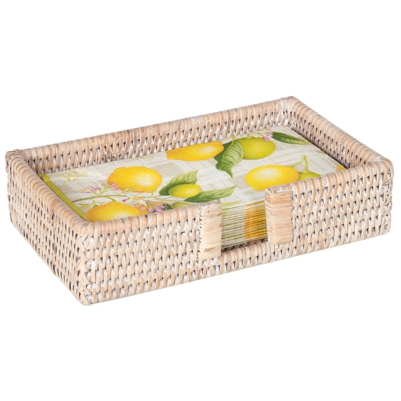 Kouboo Rattan La Jolla Rectangular Dinner Napkin And Guest Towel Holder, Wicker Napkin Tray, Woven Guest Towel Holder For Kitchen, Bathroom, White Wash