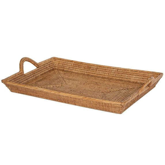 Kouboo Rattan Serving Tray with Handles for Breakfast, Decorative Tray for Storage, Rectangular Organizer Tray for Coffee Table, Honey Brown