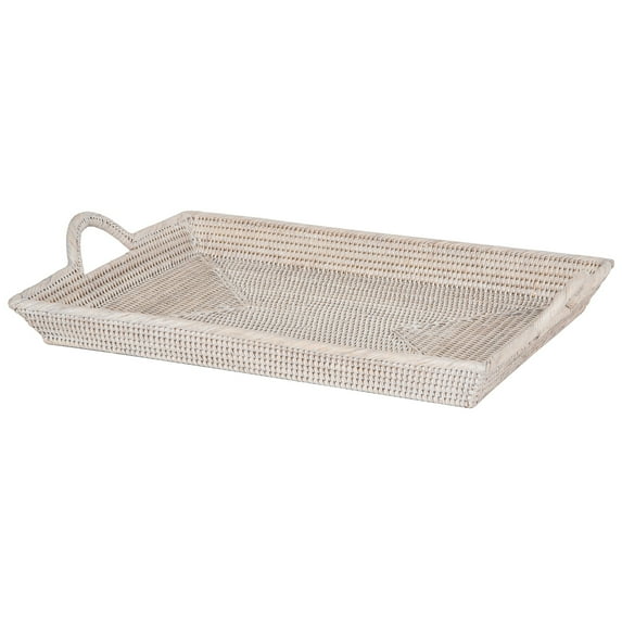 Kouboo Rattan Serving Tray with Handles for Breakfast, Decorative Tray for Storage, Rectangular Organizer Tray for Coffee Table, White Wash