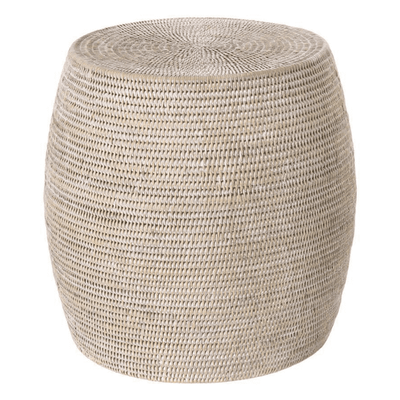 Kouboo Rattan Stool & Side Table, Handcrafted Boho Décor, Coffee Table Multi-Functional Furniture for Living Room, Bedroom, Outdoor Ottomans for Garden, White Wash