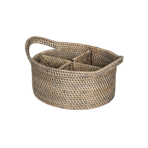 Kouboo Rattan Utensil Caddy with Built-in Handles, Handwoven Rattan, 4 Compartments, Tropical Centerpiece Basket, Black Wash