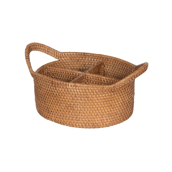 Kouboo Rattan Utensil Caddy with Built-in Handles, Handwoven Rattan, 4 Compartments, Tropical Centerpiece Basket, Honey Brown