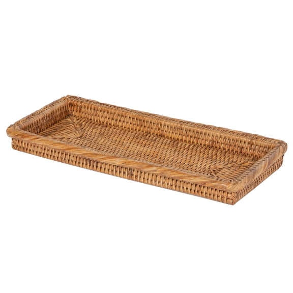 Kouboo Rectangle Rattan Serving Tray Hand Woven Bathroom Countertop Small Storage Basket for Coffee Table, Vanity, Toilet Tank, Honey Brown