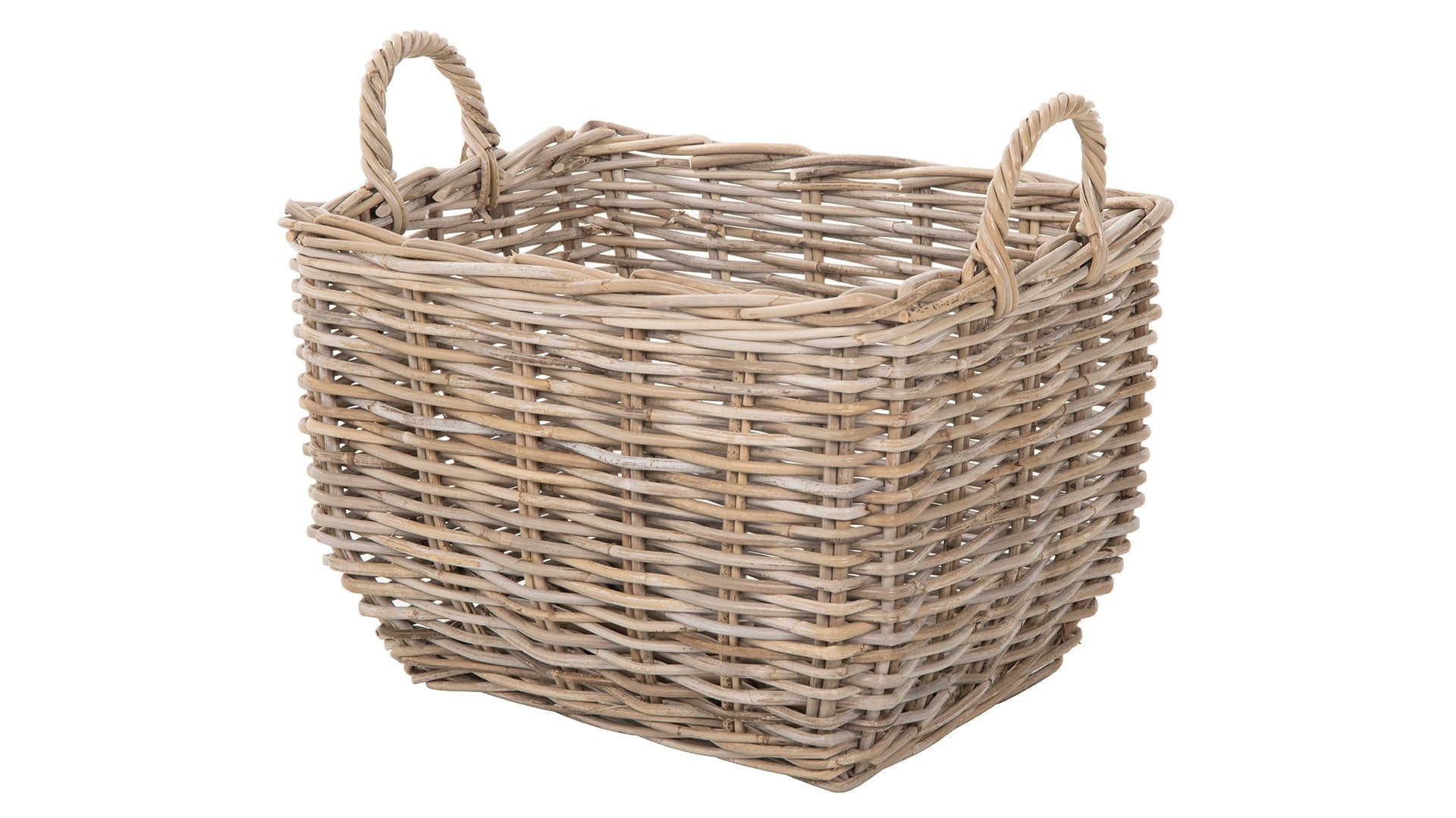 Large Rectangular Gray-Brown Rattan Storage Basket with Handles