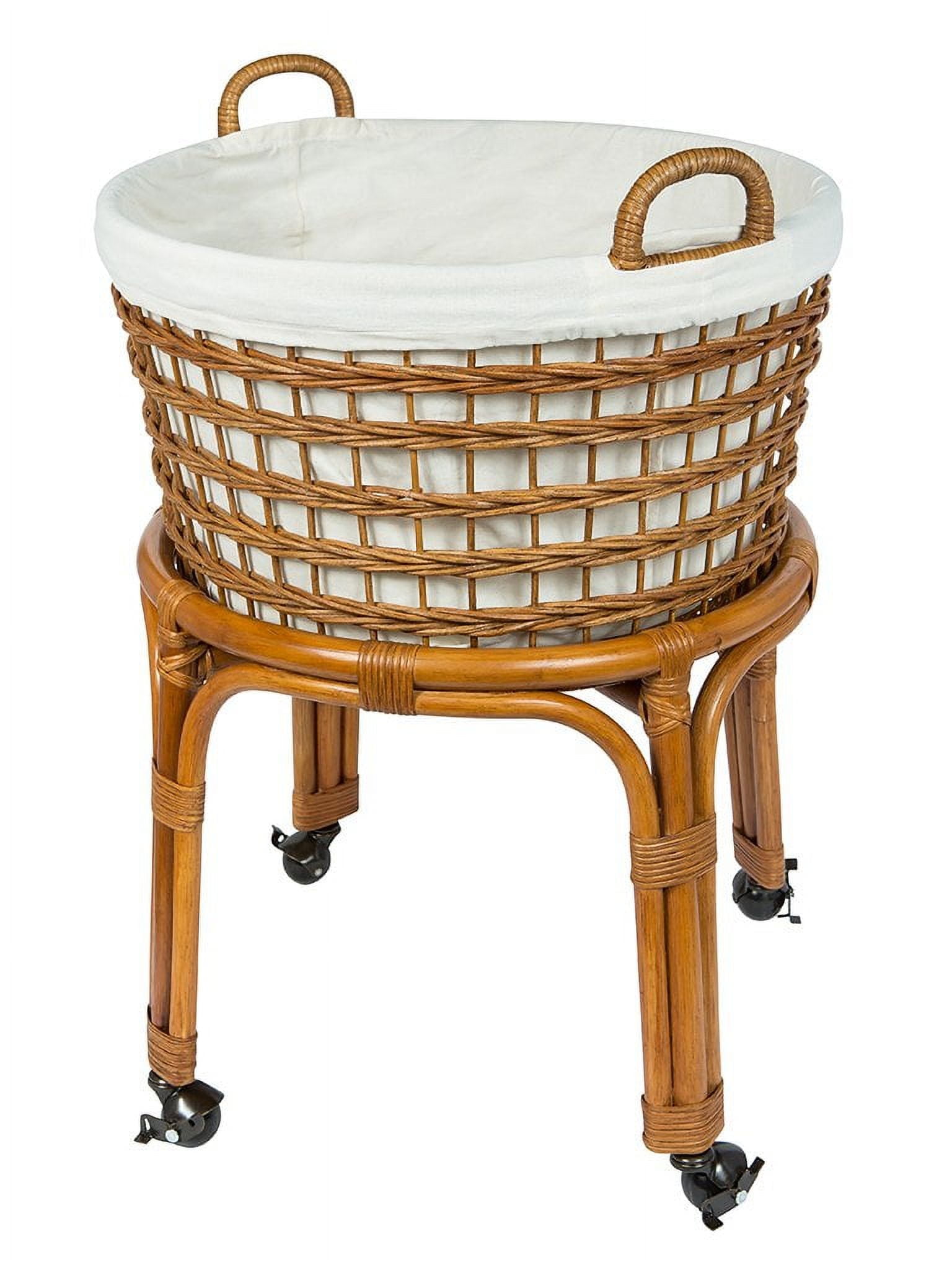 Honey Brown Round Wicker Collapsible Hamper with Wheels