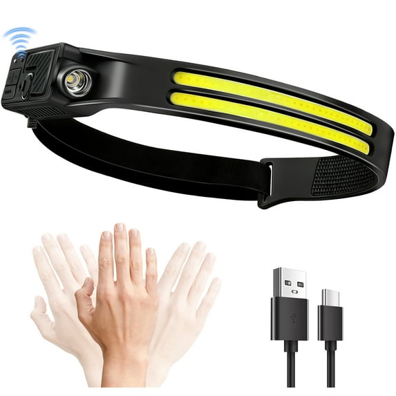 Koudindg 1 Pc Rechargeable LED Headlamp, Hands Free, Super Bright Motion Sensor Lead Lights for Forehead, Hiking Fishing(Battery indicator)
