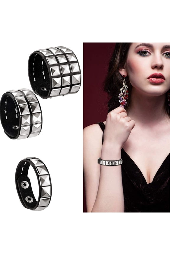 3 Pieces Spiked Studded Bracelet Black Leather Rivet Punk Bracelet Cuff Wrap Bangle Snap Button Metal Wristband for Men Women