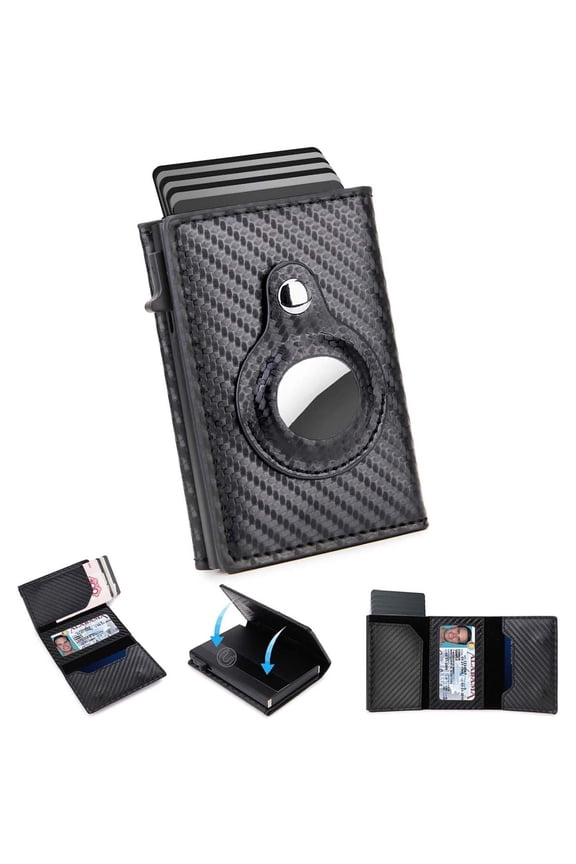 Carbon Fiber Smart Mens Wallet Card Holder for AirTag Minimalist Leather Wallet RFID Blocking Pop up Aluminum Case