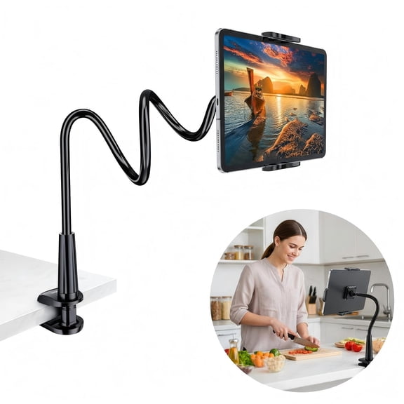 Koudindg Flexible Gooseneck Tablet & Smartphone Holder Adjustable Arm Stand for Desk, Bed, Kitchen Universal Clamp Mount for 4.7-10.5" Devices