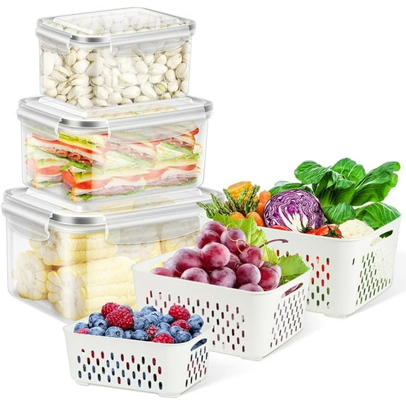 Koudindg Fruit Storage Containers for Fridge, 6 Pcs Produce Saver with Colander for Rinsing, Berry Containers Lettuce Keeper Refrigerator Organizers Airtight Food Storage with Lid