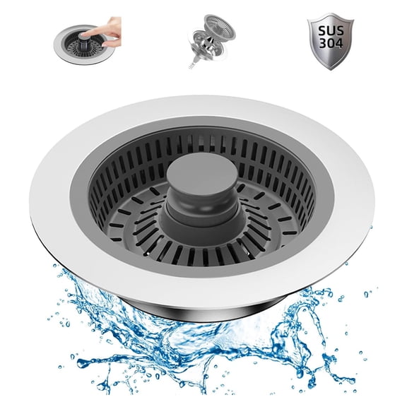 Koudindg Kitchen Sink Drain Strainer and Stopper Combo, 3 in 1 Stainless Steel Pop-Up Sink Stopper & Drain Strainer