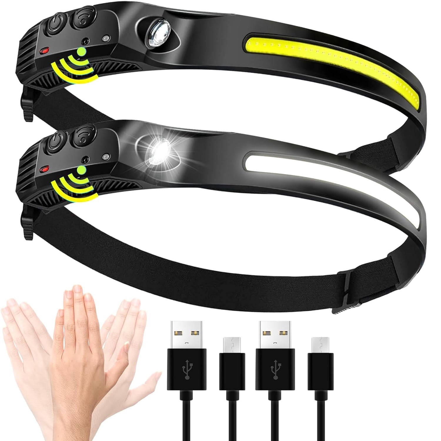 Koudindg LED Headlamp 2PCS, 230° Wide Beam Head Lamp, Rechargeable ...