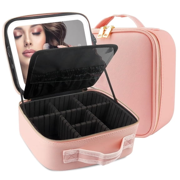 Koudindg Lighted Makeup Train Case with Mirror, Large Cosmetic Organizer with Adjustable Dividers