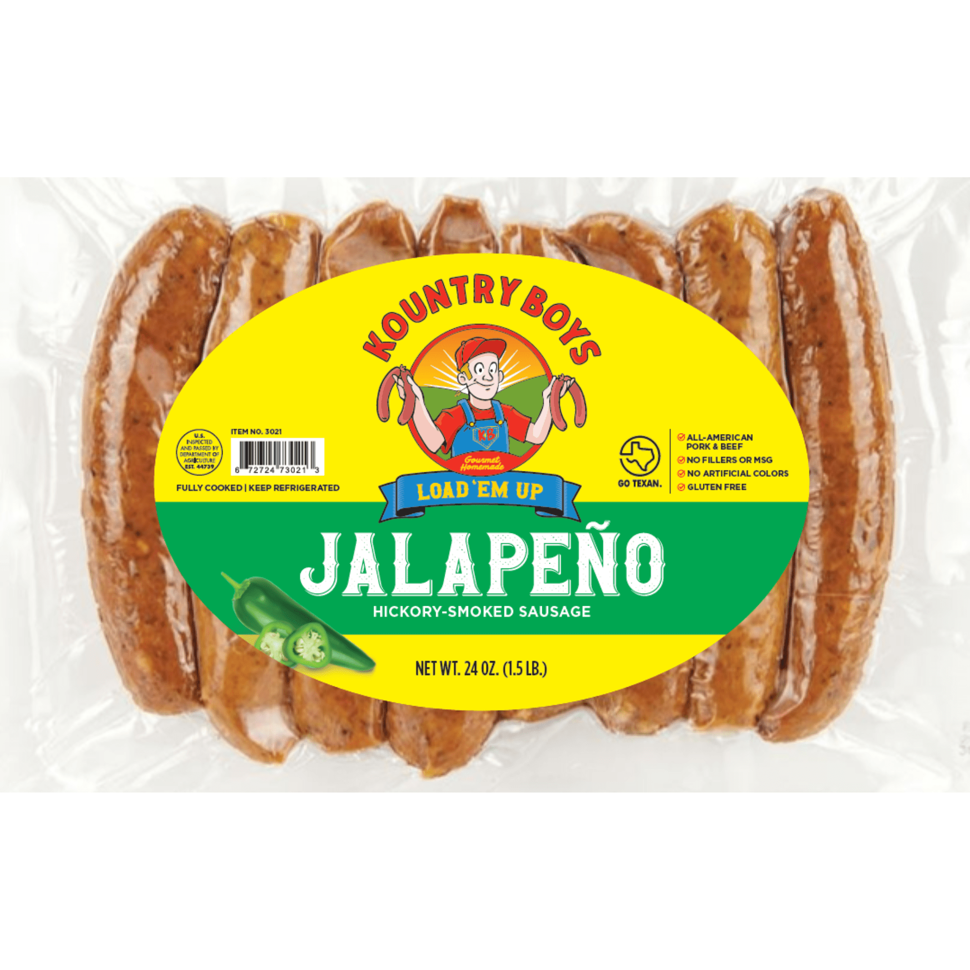 Kountry Boys Sausage, Jalapeno Hickory-Smoked Pork & Beef Sausage, 24 oz, 10g Protein, Refrigerated