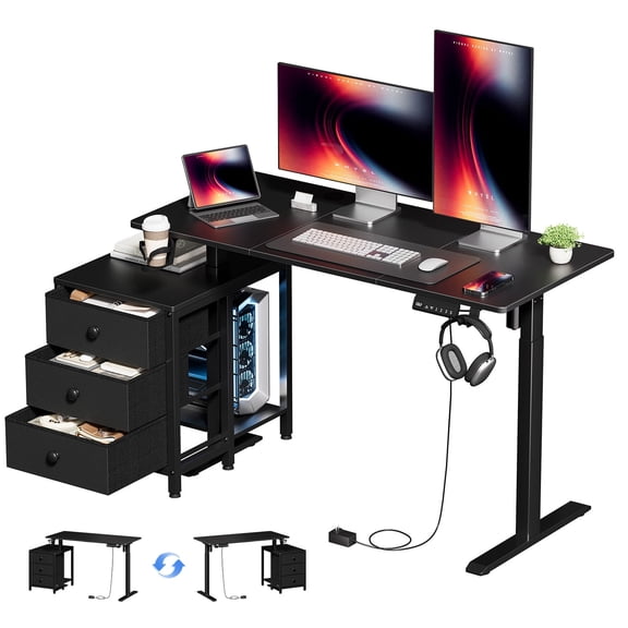 GUNAITO 47.2" Electric Standing Desk with 3-Drawer Cabinet, Adjustable Height Desk with Memory Panel, Office & Gaming Desk，Black