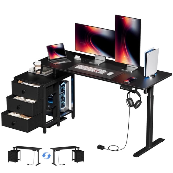 GUNAITO 55.1" Electric Standing Desk with 3-Drawer Cabinet, Adjustable Height Desk with Memory Panel, Office & Gaming Desk,Black