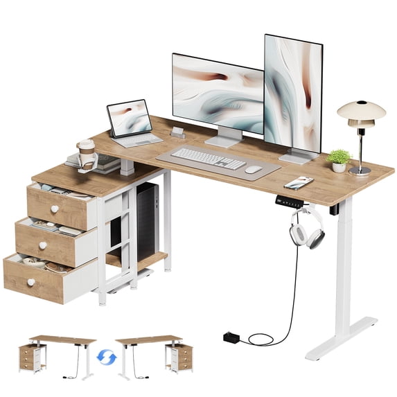 GUNAITO 55.1" Electric Standing Desk with 3-Drawer Cabinet, Adjustable Height Desk with Memory Panel, Office & Gaming Desk,Nutural