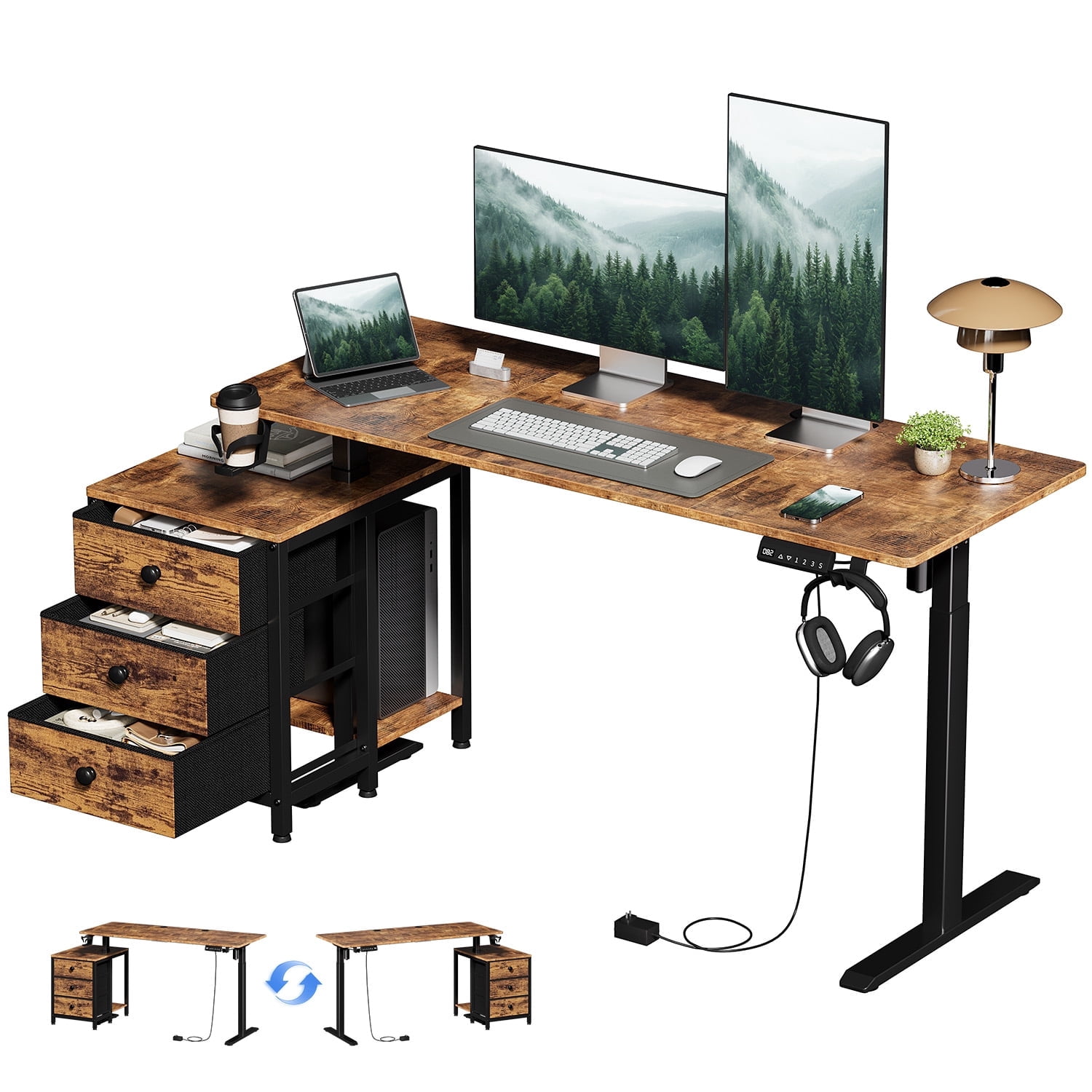 GUNAITO 55.1" Electric Standing Desk with 3-Drawer Cabinet, Adjustable Height Desk with Memory Panel, Office & Gaming Desk，Rustic Brown