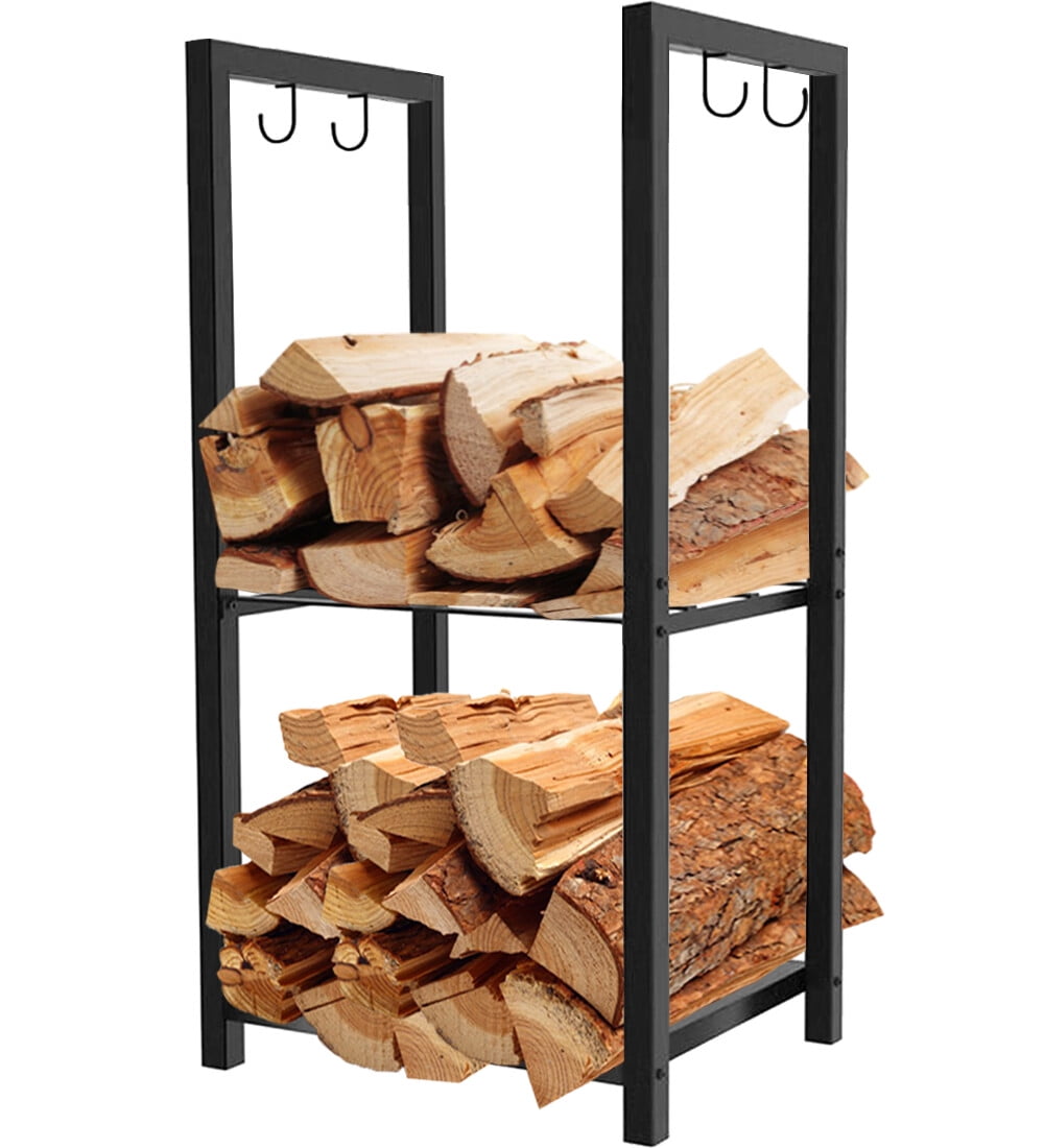 Koutemie 2 Tiers Small Firewood Log Storage Rack Holder for Indoor Fireplace or Outdoor Patio Black