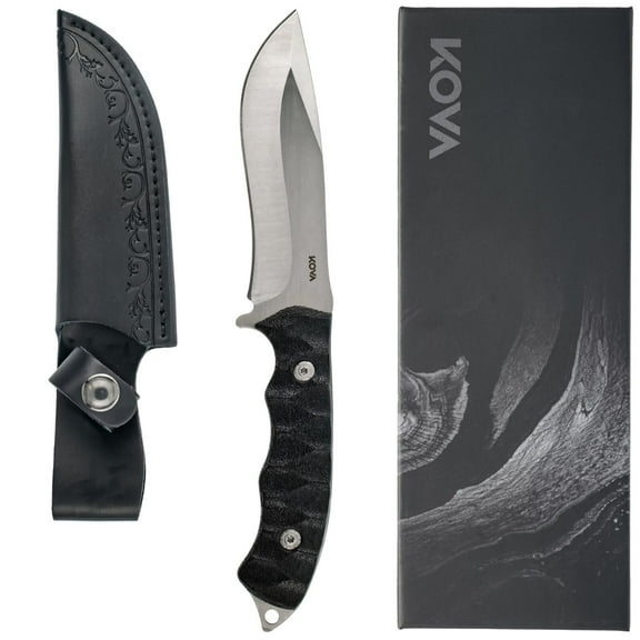 Kova Eclipse Fixed Blade Knife 4.25 Clip-Point Stainless Steel Blade with G10 or Carbon Fiber Handle, Leather Sheath Survival Knife 9 Overall