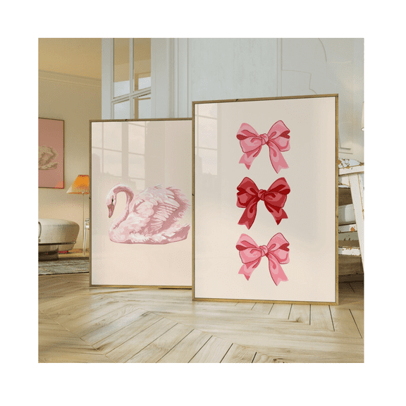 Kovaa Pink Swan Bow Poster Set, Coquette Apartment Wall Decor Set 2 Unframed Paper Print 8x12