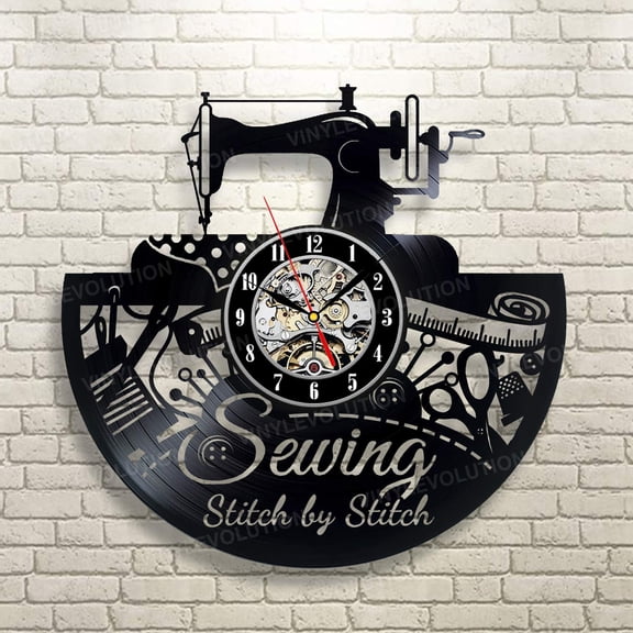 Kovides Sewing Wall Clock 12 Inch Black Decorations for Living Room Retro Vinyl Record Clock Vintage Wall Clock Birthday Gift Sewing Wall Decals Sewing Art Gift Idea for Mom Modern Clock Y101