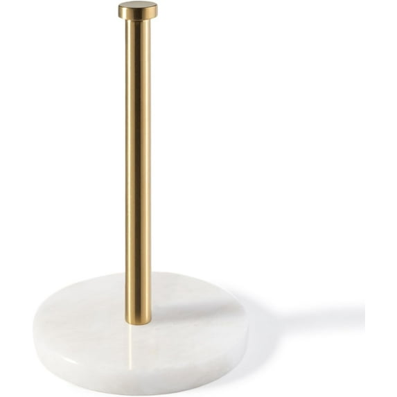 Koville African Genuine Marble Paper Towel Holder Countertop, 6" Stone Base Gold Rod Paper Towel Holder Stand for Kitchen Storage, for Standard or Jumbo-Sized Rolls
