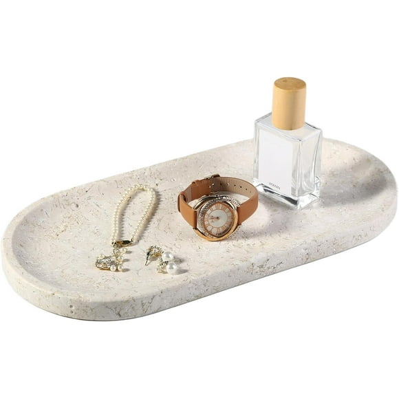 Koville Marble Tray for Bathroom Countertop, 12"x6" Beige Marble Vanity Storage Trays for Perfume, Cosmetics, Jewelry, Stone Tray for Kitchen, Decorative Trays for Dresser Organizer