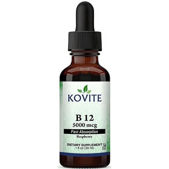 Kovite Kosher Vitamin B12 Liquid Drops 5000 mcg - Raspberry Flavor  - 1 Fl Oz
