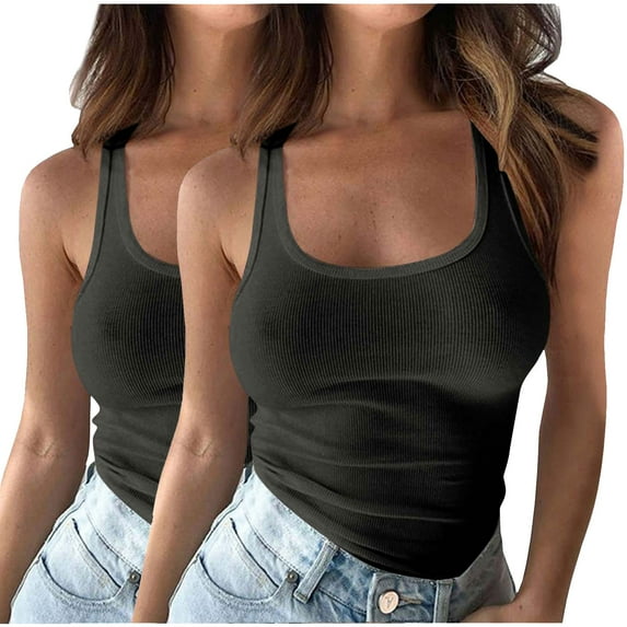 Kovlvoll 2pc Plus Size Tank Tops for Women Slim Fitting Low Neck Sleeveless Ribbed Knit Top Basic Camisole T-Shirts