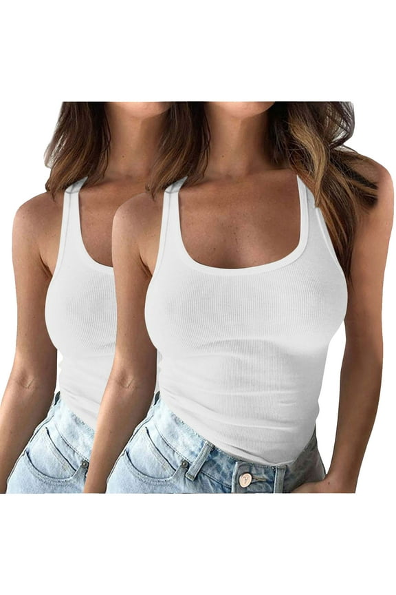 2pc Plus Size Tank Tops for Women Slim Fitting Low Neck Sleeveless Ribbed Knit Top Basic Camisole T-Shirts