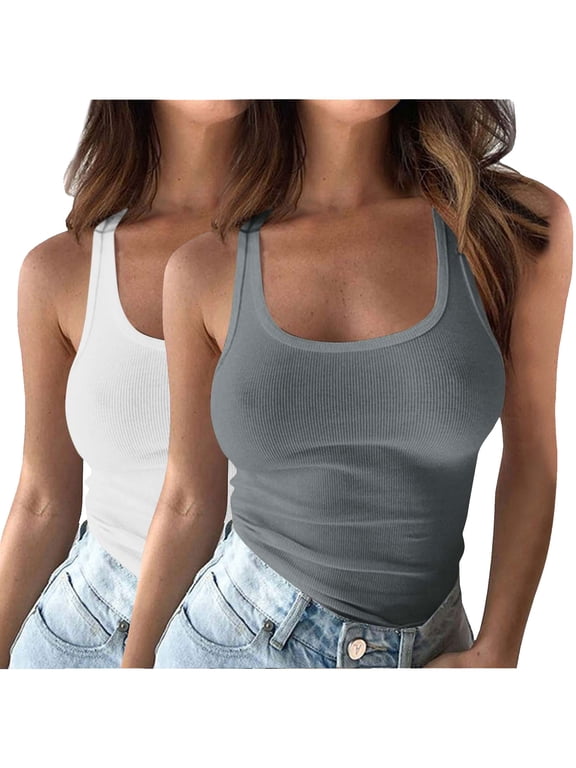 2pc Plus Size Tank Tops for Women Slim Fitting Low Neck Sleeveless Ribbed Knit Top Basic Camisole T-Shirts