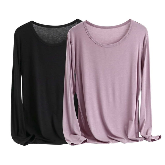 Kovlvoll 2pc Plus Size Tops Long Sleeve Crew Neck Soft Comfy Pajama Top Loose Fitted Basic Tees Solid Color