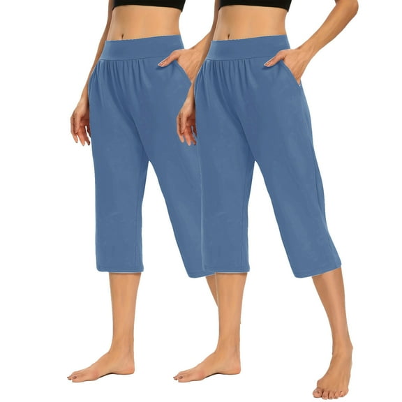 Kovlvoll 2pc Yoga Pants with Pockets for Women High Elastic Waist Plus Size Capris Pant Summer Casual Workout Trousers