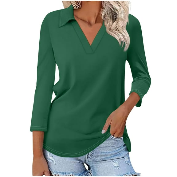 Kovlvoll 3/4 Length Sleeve Womens Tops V Neck Summer T-Shirts Business Casual Basic Tee Solid Color Fashion Tunic Top