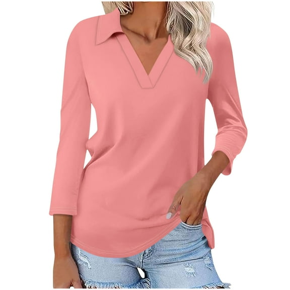 Kovlvoll 3/4 Length Sleeve Womens Tops V Neck Summer T-Shirts Business Casual Basic Tee Solid Color Fashion Tunic Top