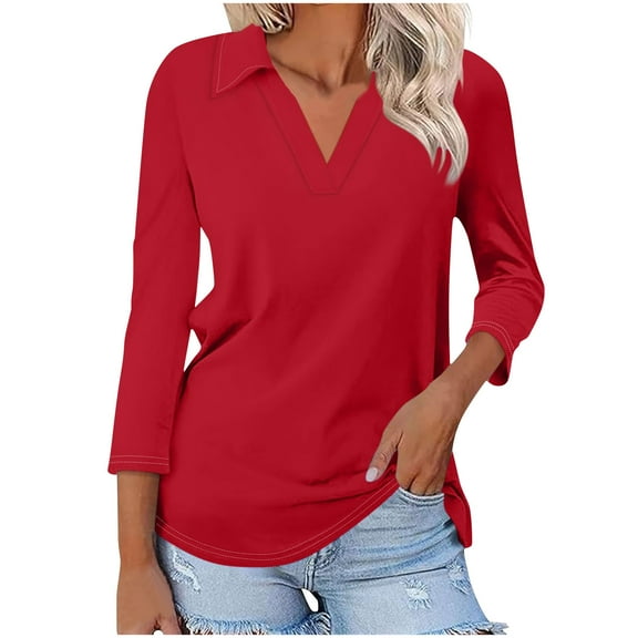 Kovlvoll 3/4 Length Sleeve Womens Tops V Neck Summer T-Shirts Business Casual Basic Tee Solid Color Fashion Tunic Top