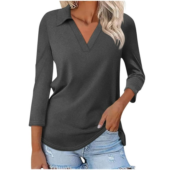 Kovlvoll 3/4 Length Sleeve Womens Tops V Neck Summer T-Shirts Business Casual Basic Tee Solid Color Fashion Tunic Top