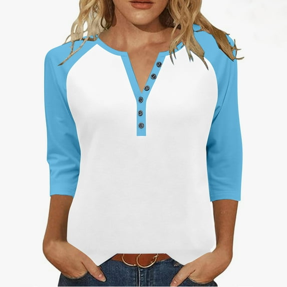 Kovlvoll 3/4 Sleeve Tops for Women Button V Neck T-Shirt Summer Comfy Loose Casual Fashion Tunic Top Blouses