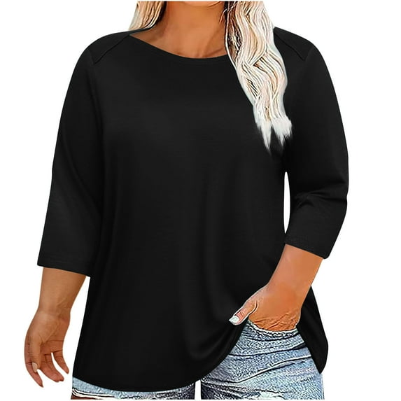 Kovlvoll 3/4 Sleeve Tops for Women Summer Plus Size Crew Neck T-Shirt Casual Solid Color Comfy Basic Tunic Tees Top