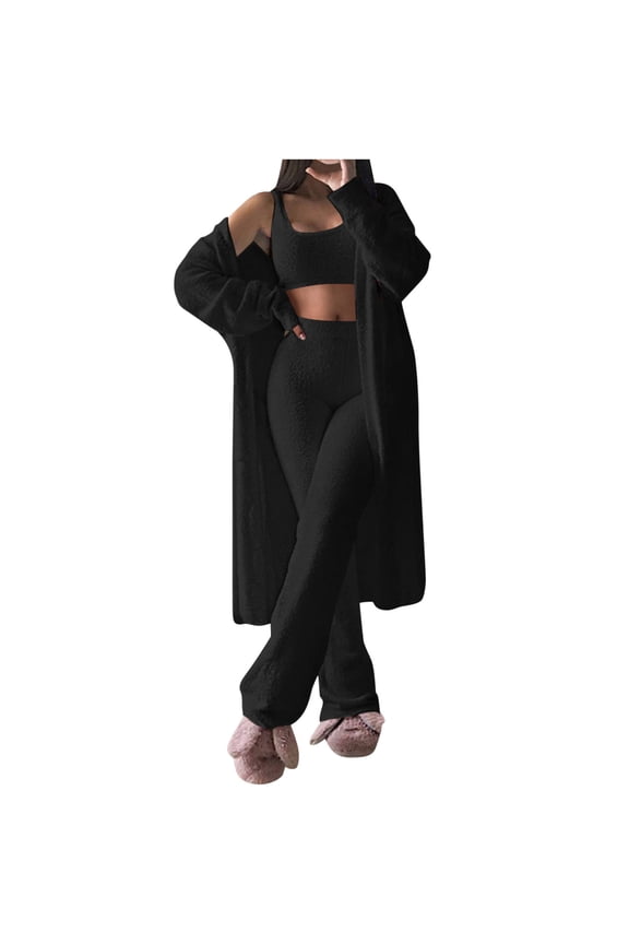 3 Piece Lounge Sets for Women Winter Sherpa Fuzzy Thermal Warm Tank Tops Long Cardigan with Pants Pajamas Outfits